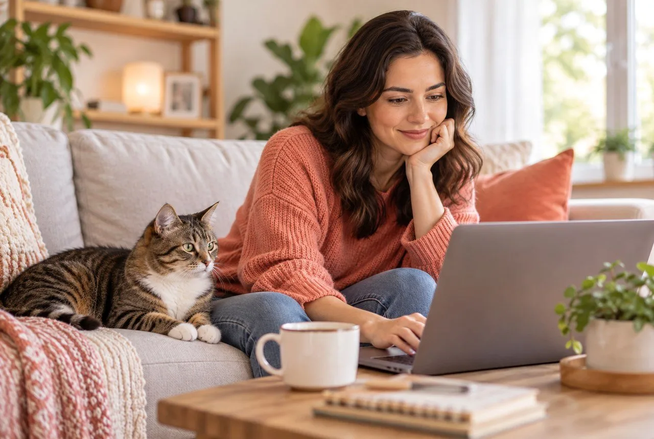 Owner comparing information on a laptop beside a tabby cat