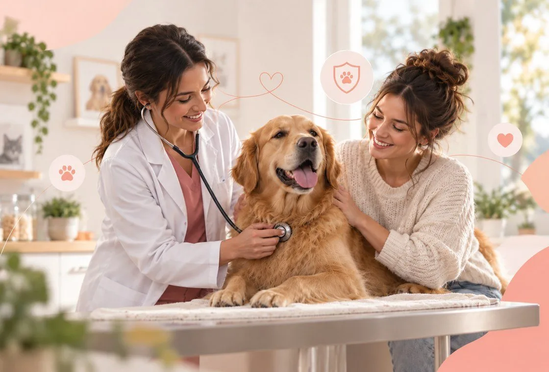 Veterinarian examining a golden-colored dog with its owner present
